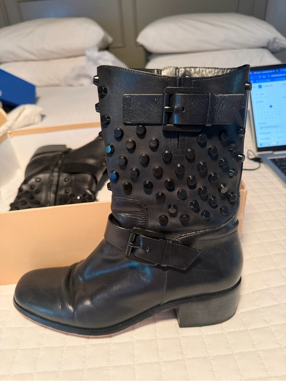 Michael Kors Black Studded Leather Ankle Boots with Buckle